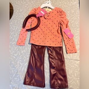 Girls Pink Heart Dot Ribbed Top & Burgundy Faux Leather Pants Matching Set